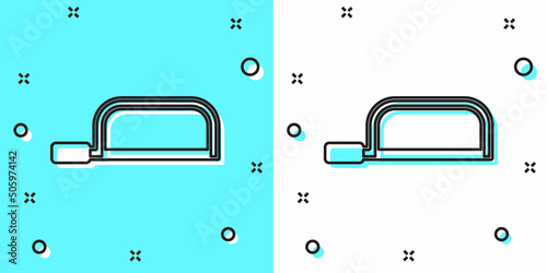 Black line Hacksaw icon isolated on green and white background. Metal saw for wood and metal. Random dynamic shapes. Vector