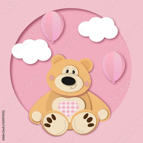 Teddy bear with heart. Illustration. Vector. Pink. Paper cut