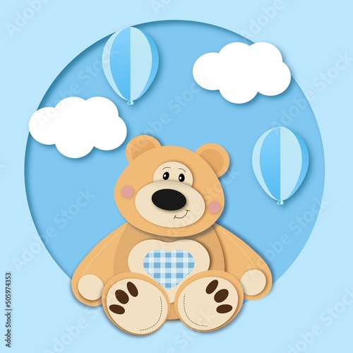 Teddy bear with heart. Illustration. Vector. Blue. Paper cut