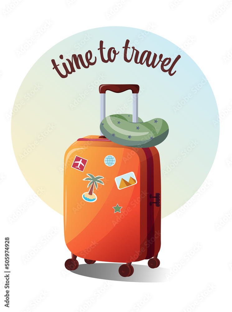 Time to travel. Luggage bags, suitcases, baggage, travel bags. Vacation, holiday. Vector trendy illustrations. Cartoon style. Greeting cards Time to travel. Luggage bags, suitcases, baggage, travel bags. Vacation, holiday. Vector trendy illustrations. Cartoon style. Greeting cards