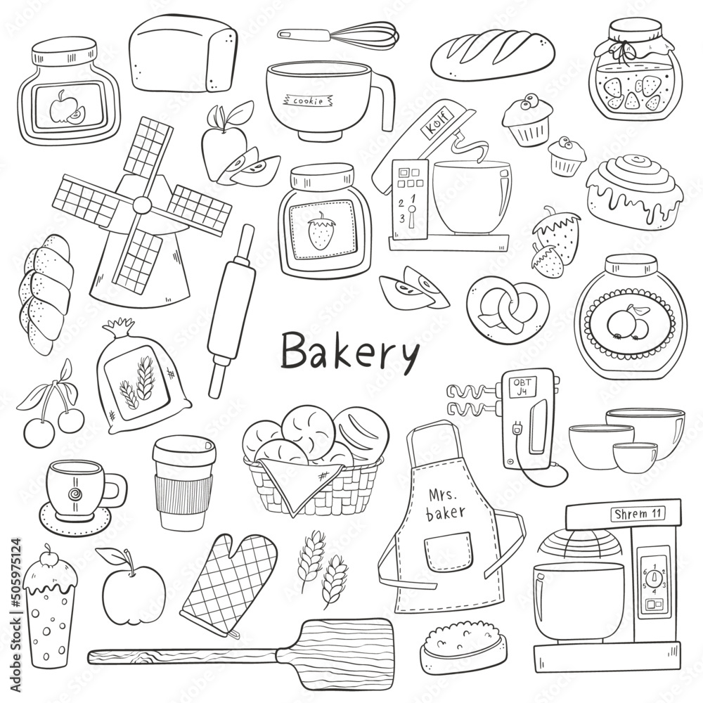Big set of kitchen doodle elements. Hand drawn isolated outline icons in cartoon style. For bakery, restaurant, cafe, coffee shop Big set of kitchen doodle elements. Hand drawn isolated outline icons in cartoon style. For bakery, restaurant, cafe, coffee shop