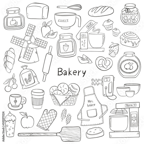 Big set of kitchen doodle elements. Hand drawn isolated outline icons in cartoon style. For bakery, restaurant, cafe, coffee shop