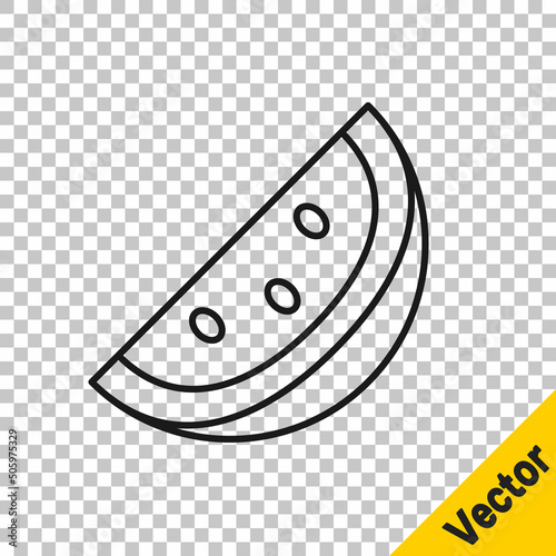 Black line Casino slot machine with watermelon symbol icon isolated on transparent background. Gambling games. Vector