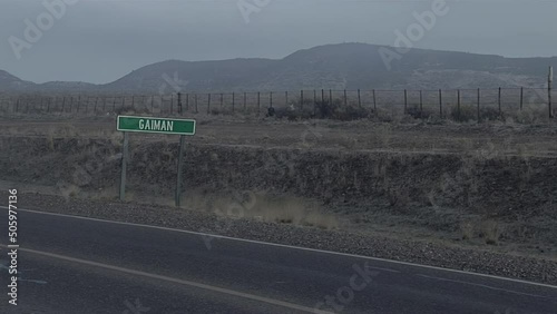 Gaiman Green Highway Road Sign in Chubut Province, Argentina. Gaiman is a Riverside Town in northeast Patagonia, Argentina.  
 photo