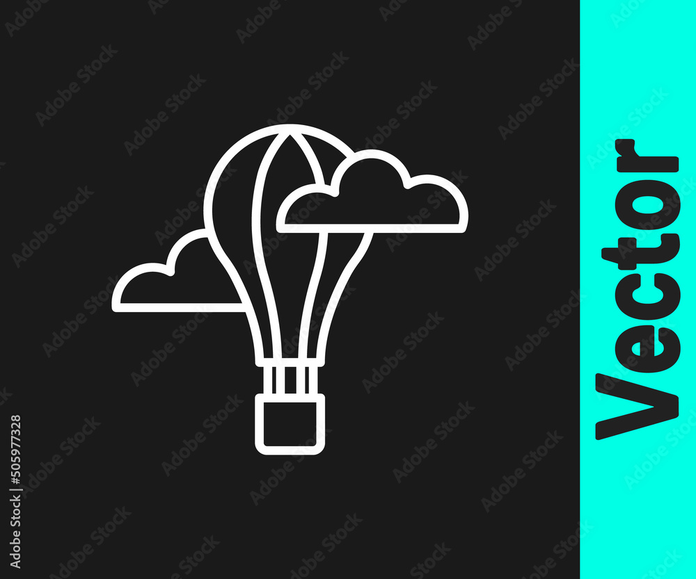 White line Hot air balloon icon isolated on black background. Air transport for travel. Vector White line Hot air balloon icon isolated on black background. Air transport for travel. Vector