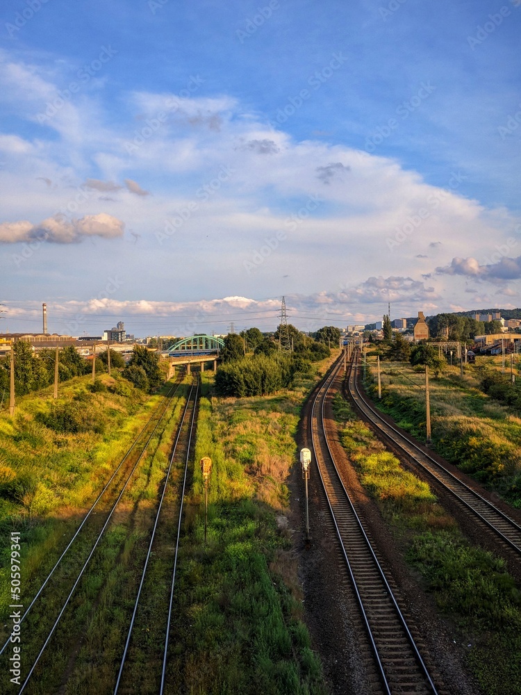 Railroad in late summer in a small town around the green grass