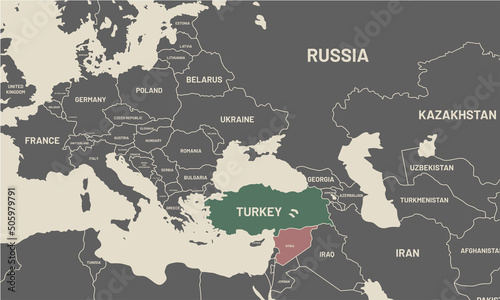 Turkey and Syria map on world map. The borders of Turkey and Syria are colored. It looks different from other countries. War and Immigration problem