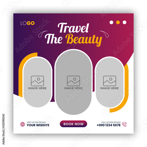 Social media post banner or square flyer design template for travel holiday vacation