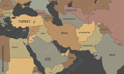 Zoomed Middle East Map. Map study to study War and Migration. Country Borders separated in pastel color tones