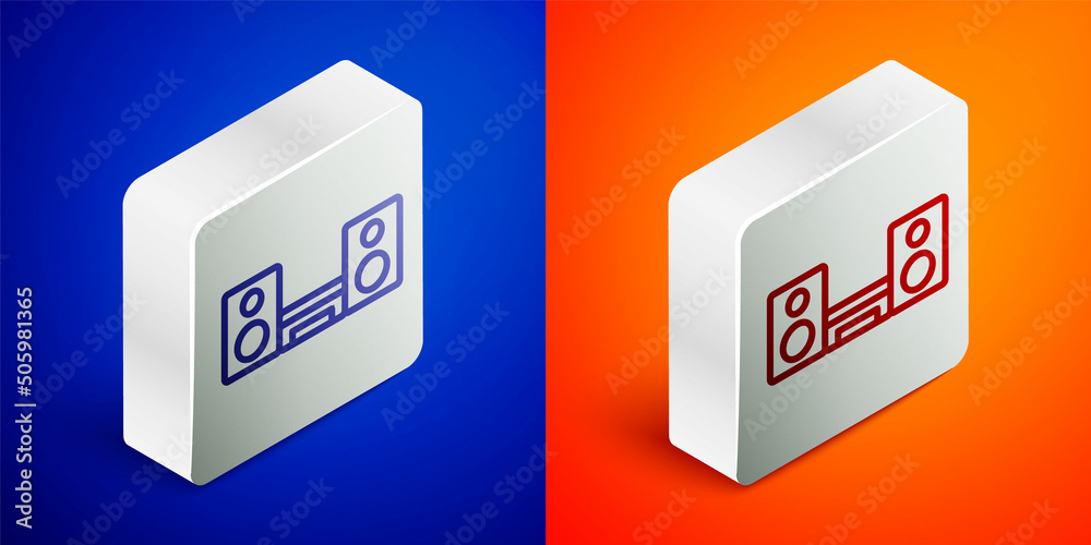 Isometric line Home stereo with two speakers icon isolated on blue and orange background. Music system. Silver square button. Vector Isometric line Home stereo with two speakers icon isolated on blue and orange background. Music system. Silver square button. Vector