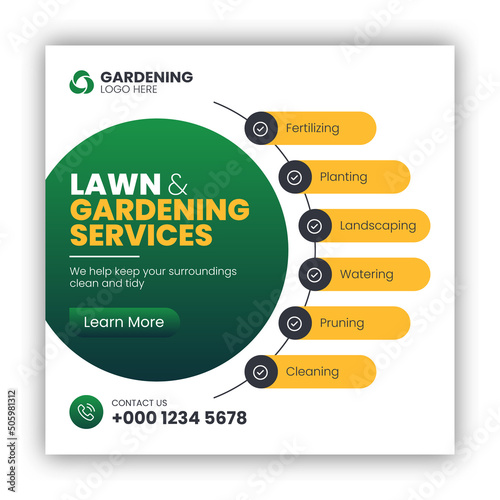 Lawn or gardening service social media post and web banner template