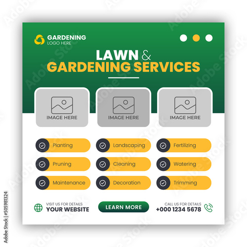 Lawn or gardening service social media post and web banner template