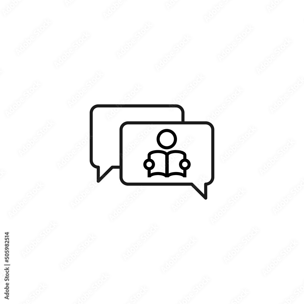 Monochrome outline sign drawn with black thin line. Modern symbol suitable for advertisement, web sites, stores. Vector line icon of person reading book inside of speech bubble Monochrome outline sign drawn with black thin line. Modern symbol suitable for advertisement, web sites, stores. Vector line icon of person reading book inside of speech bubble