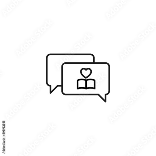 Monochrome outline sign drawn with black thin line. Modern symbol suitable for advertisement, web sites, stores. Vector line icon of heart over book inside of speech bubble