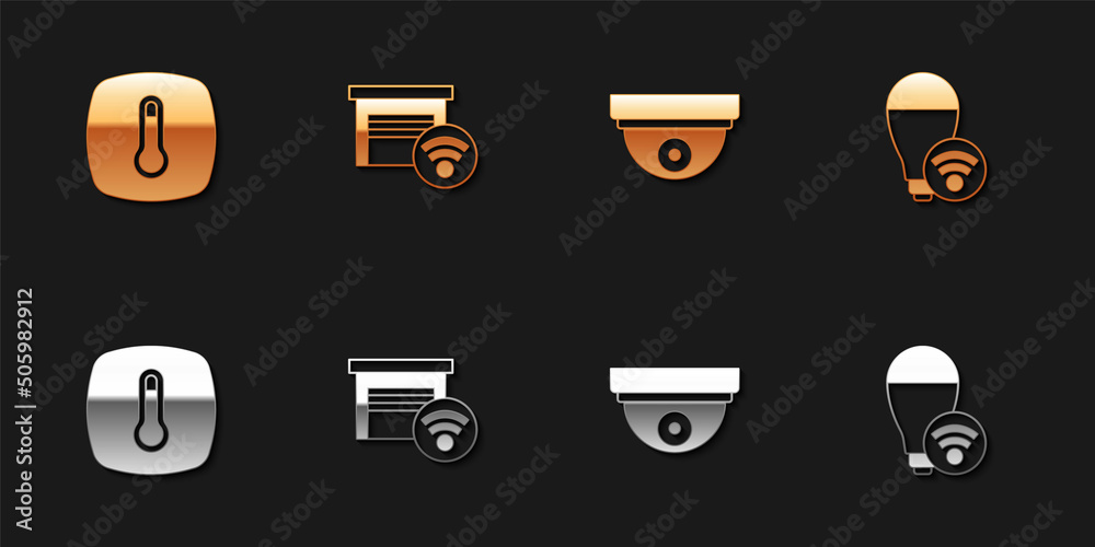 Set Thermostat, Smart garage, Motion sensor and light bulb icon. Vector Set Thermostat, Smart garage, Motion sensor and light bulb icon. Vector