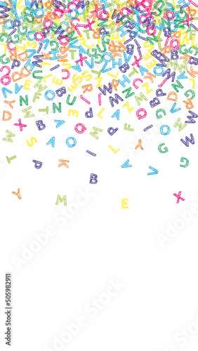 Falling letters of English language. Colorful sketch flying words of Latin alphabet. Foreign languages study concept. Cool back to school banner on white background.