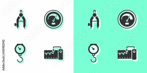 Set Measuring instrument, Drawing compass, Hand scale spring mechanical and Speedometer icon. Vector