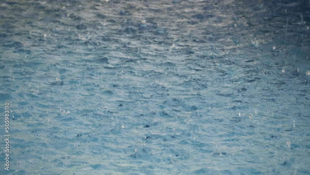 Raindrops drip or fall on ripple transparent water surface in swimming pool. Summer trip in summer, holiday or vacation concept. Blue and white tiles underwater
