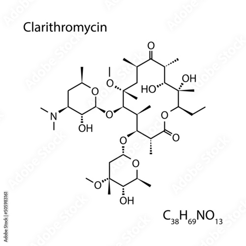 Clarithromycin Antibiotic Drug (Macrolide Class) Molecule. Antibacteria. Skeletal Formula. Vector illustration. photo