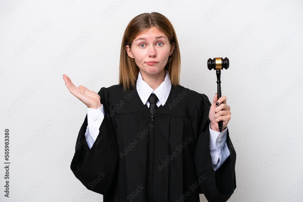 Judge English woman isolated on white background having doubts while raising hands Judge English woman isolated on white background having doubts while raising hands