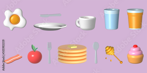 Iconos de desayuno en 3D.