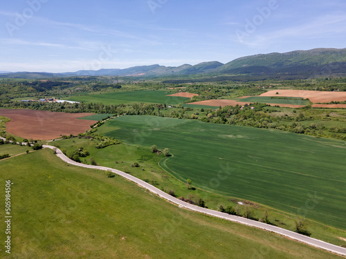 Spring Aerial view of rural land near town of Godech, Bulgaria