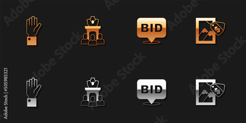 Set Hand holding auction, Auction jewelry sale, Bid and painting icon. Vector