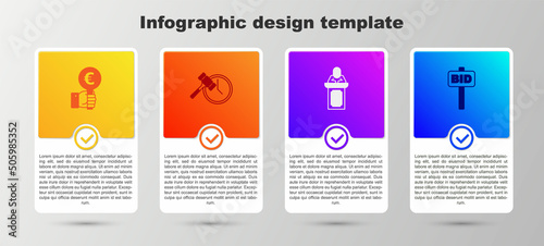 Set Hand holding auction paddle, Auction hammer, auctioneer sells and . Business infographic template. Vector