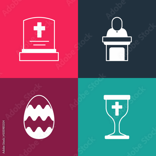Set pop art Christian chalice, Easter egg, Church pastor preaching and Grave with tombstone icon. Vector