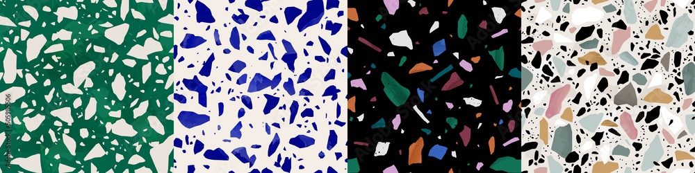 Terrazzo seamless pattern collection in natural pastel colors with abstract mosaic stone shapes. Realistic modern terrazo minimalist art background set ideal for print, fashion or trendy design.