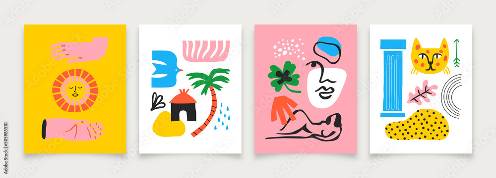 Set of trendy abstract art poster composition with colorful flat cartoon summer shapes and collage decoration. Doodle drawing arrangement collection. Organic shape bundle.