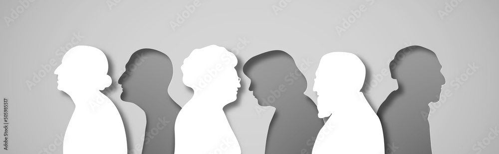 Old age group people crowd illustration in abstract layered paper cut style. Elderly team silhouette for senior citizen issues or retirement concept. Modern 3D papercut design.