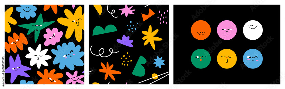 Set of colorful abstract shape cartoon character pattern illustration. Trendy 90s style funny art background with faces and drawing doodle. Set of colorful abstract shape cartoon character pattern illustration. Trendy 90s style funny art background with faces and drawing doodle.