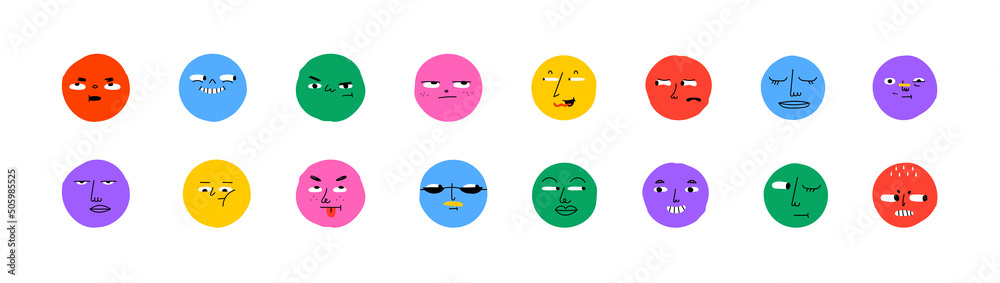 Colorful cartoon character face circle illustration set. Funny people faces doing diverse gesture and mood expression in trendy cartoon style. Social media reaction sticker, children drawing concept. Colorful cartoon character face circle illustration set. Funny people faces doing diverse gesture and mood expression in trendy cartoon style. Social media reaction sticker, children drawing concept.