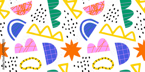 Abstract organic shape seamless pattern with colorful geometric doodles. Flat cartoon background, simple random shapes in bright childish colors. 