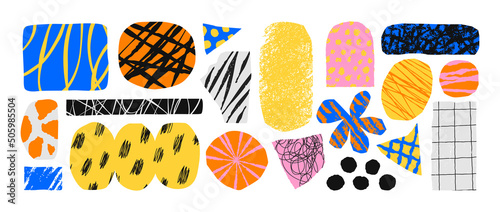 Colorful trendy abstract geometric shape set with modern doodles and bright paint texture. Collage drawing style shapes collection on isolated white background.