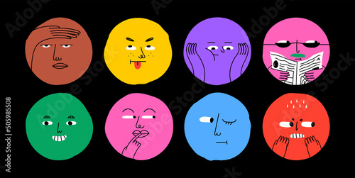 Colorful cartoon character face circle illustration set. Funny people faces doing diverse gesture and mood expression in trendy cartoon style. Social media reaction sticker, children drawing concept.