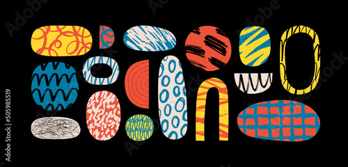 Colorful trendy abstract geometric shape set with modern doodles and bright paint texture. Collage drawing style shapes collection on isolated background.