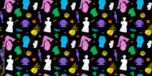 Ancient greek statue and classic vintage monument seamless pattern. Colorful greece culture background illustration. Historical flat cartoon drawing.