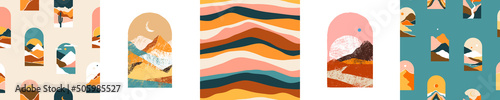 Fotografija Set of trendy abstract mountain landscape view seamless pattern illustration