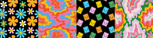 Set of colorful retro hippie cartoon seamless pattern illustration. 60s art style background collection with smiling face flower print, tie dye fabric texture.