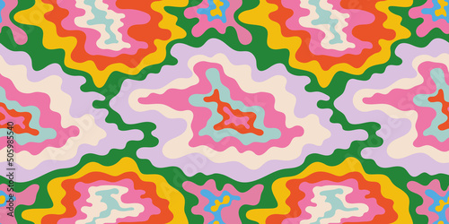 Abstract psychedelic tie dye seamless pattern illustration with colorful LSD trippy shapes in retro art style. 60s hippie or drug concept background design.