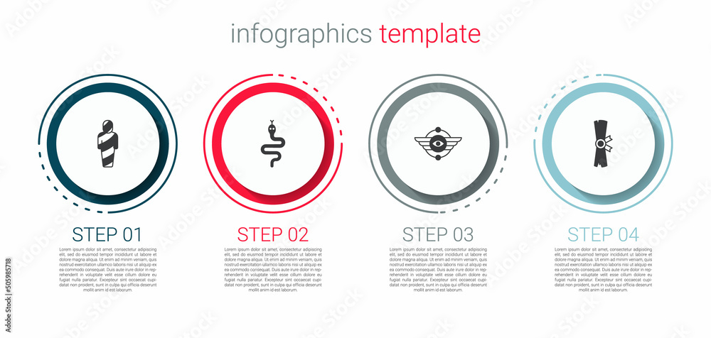 Set Egypt mummy, Snake, Egyptian symbol Winged sun and Papyrus scroll. Business infographic template. Vector Set Egypt mummy, Snake, Egyptian symbol Winged sun and Papyrus scroll. Business infographic template. Vector