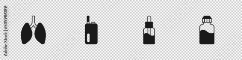 Set Lungs, Electronic cigarette, Vape liquid bottle and icon. Vector