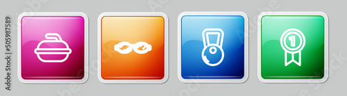 Set line Stone for curling sport game, Glasses swimming, Kettlebell and Medal. Colorful square button. Vector