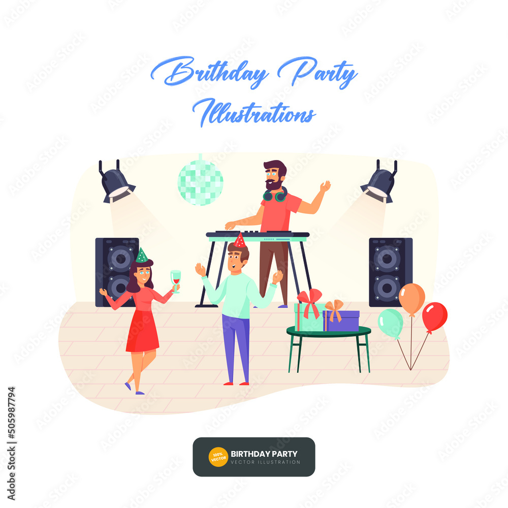 happy cartoon people having fun at birthday party vector flat illustration. Concept of friends characters celebrating a holiday isolated on white Background Collection of smiling festive man and woman