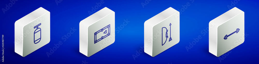 Set Isometric line Punching bag, Billiard table, Bow and arrow quiver and Barbell icon. Vector Set Isometric line Punching bag, Billiard table, Bow and arrow quiver and Barbell icon. Vector