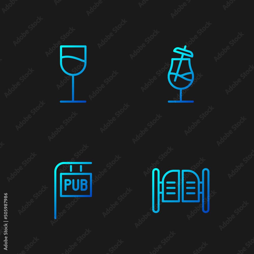 Set line Saloon door, Street signboard with Pub, Wine glass and Cocktail. Gradient color icons. Vector Set line Saloon door, Street signboard with Pub, Wine glass and Cocktail. Gradient color icons. Vector
