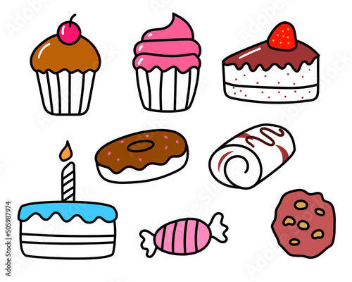 Set of colorful cakes doodle illustration isolated on white background