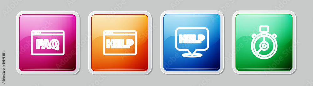 Set line Browser FAQ, help, Speech bubble with text Help and Stopwatch. Colorful square button. Vector Set line Browser FAQ, help, Speech bubble with text Help and Stopwatch. Colorful square button. Vector